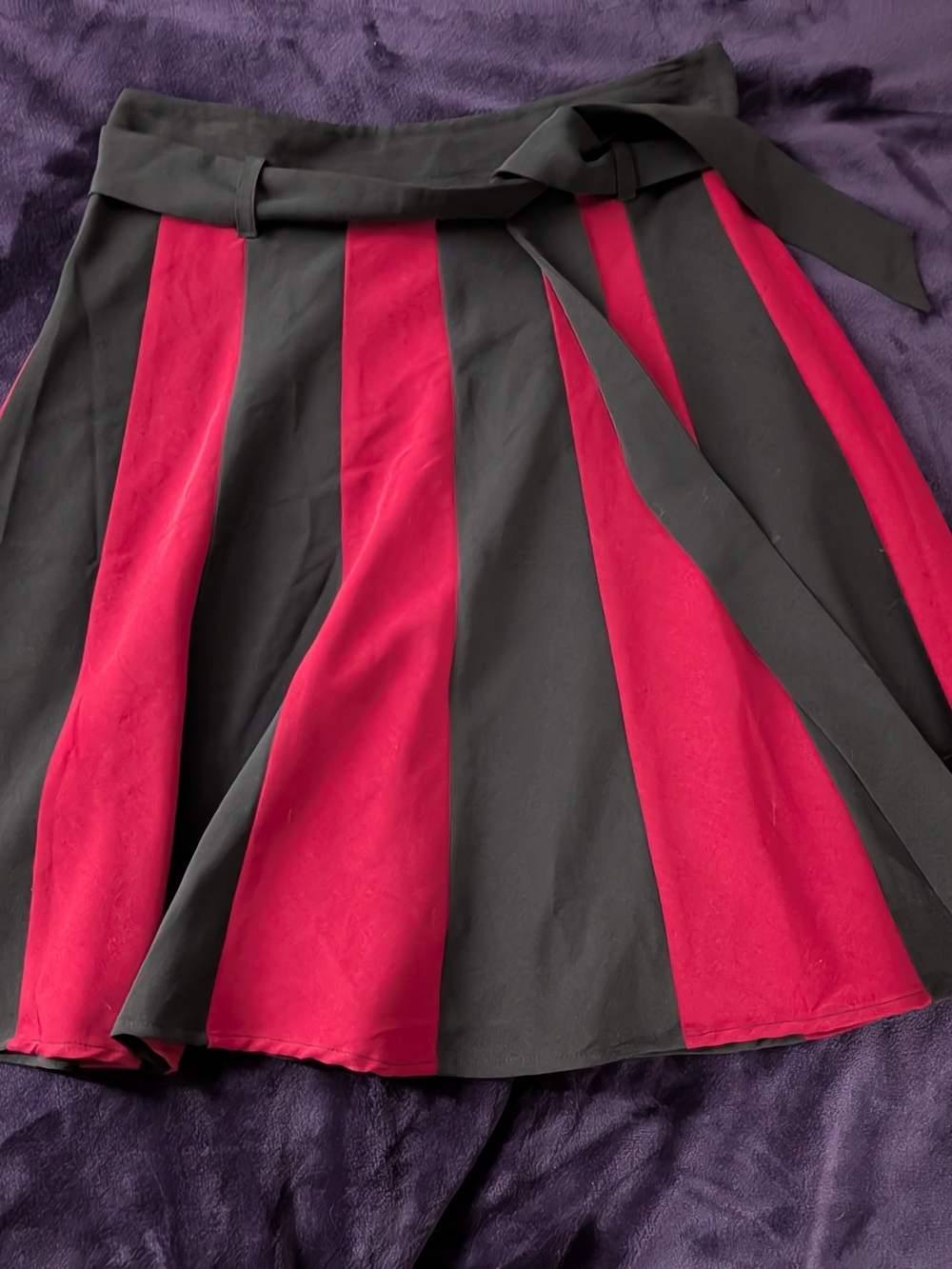 Heavy Red A-Line Black and Red Striped Skirt with Waist Tie